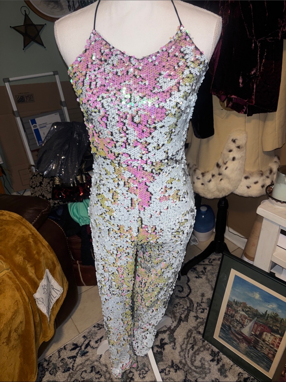 Motel Rocks Pink, White & Yellow Sequin Halter Jumpsuit